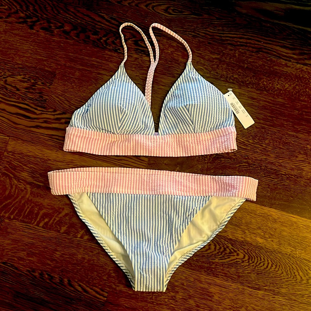 J crew bikini NWT blue light purple Seersucker